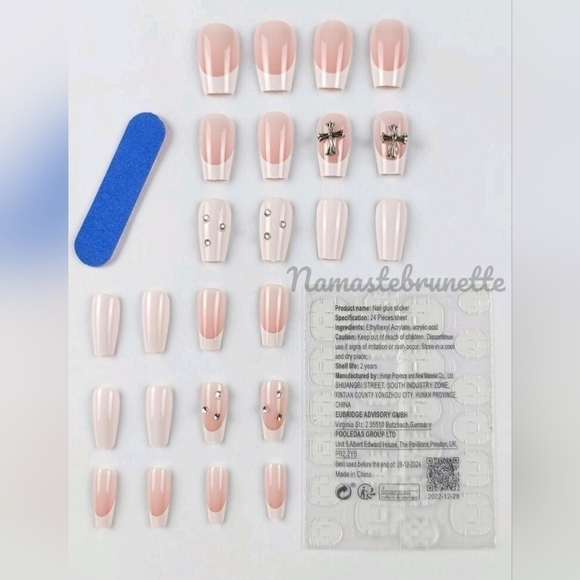 2/$16 Rhinestone Cross French Manicure Press on Nails - Picture 2 of 16